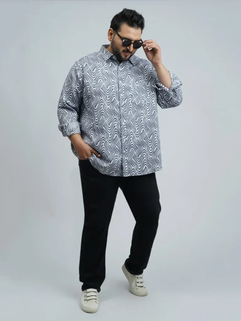 Grey & White Wave-Pattern Premium Printed Plus-Size Shirt