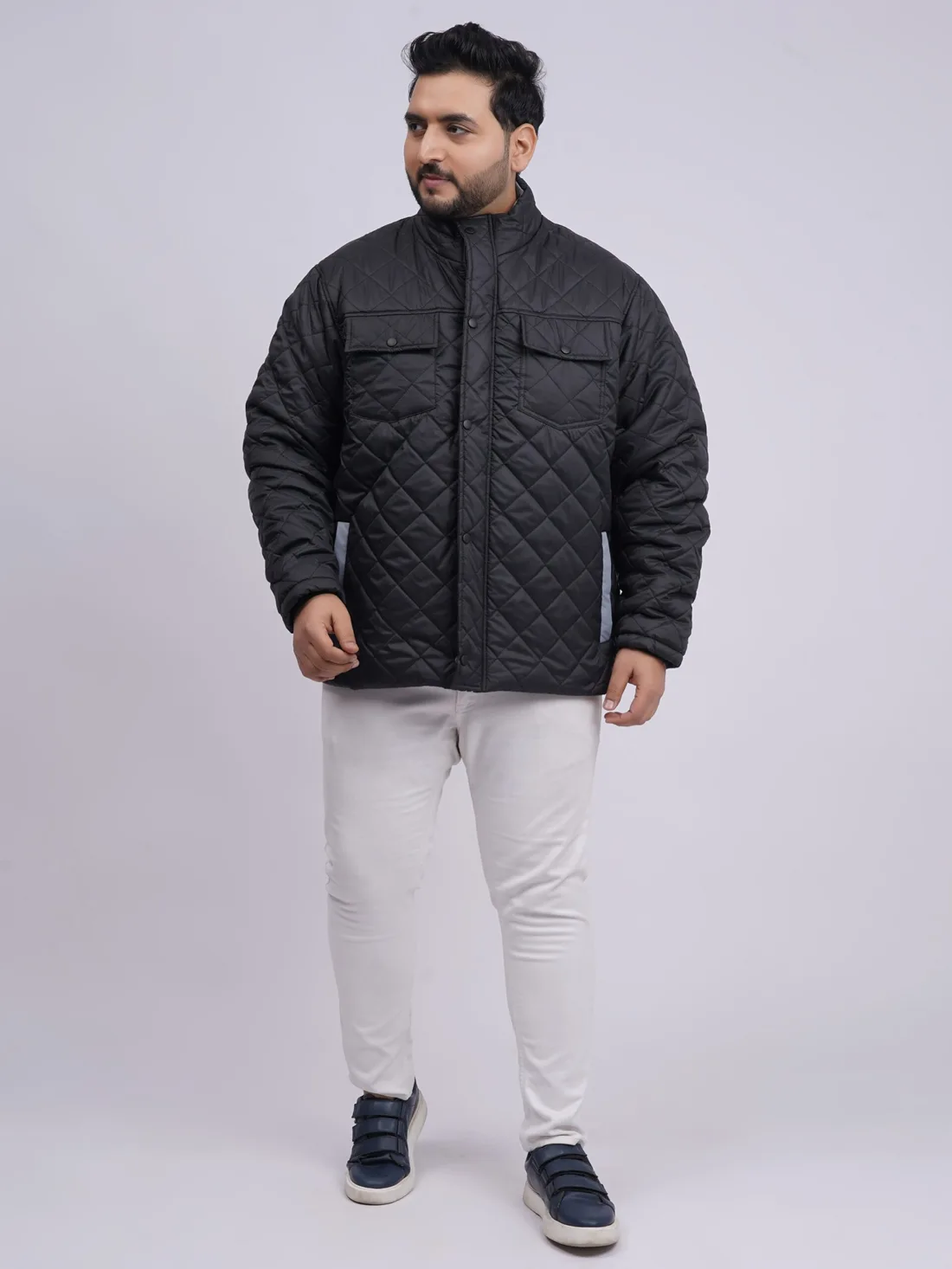 Men’s Plus Size Black Quilted Winter Jacket with Double Pockets