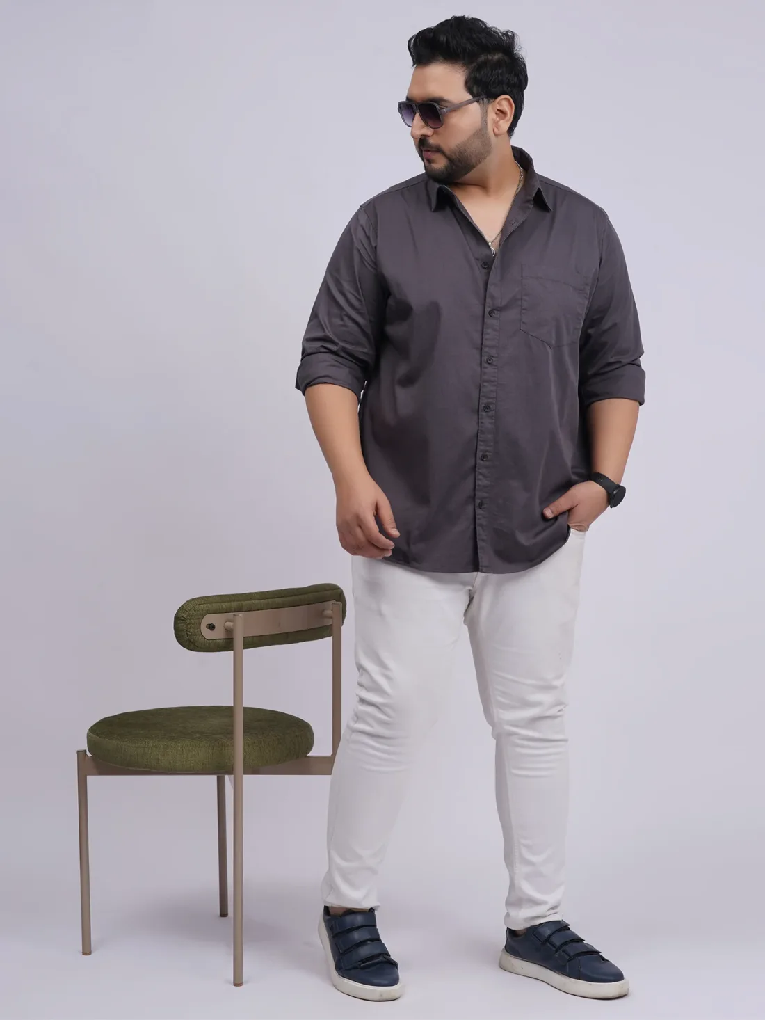 Plus Size Charcoal Grey Solid Casual Shirt for Men