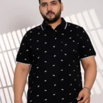 Plus Size Black Leaf Print Polo T-Shirt for Men