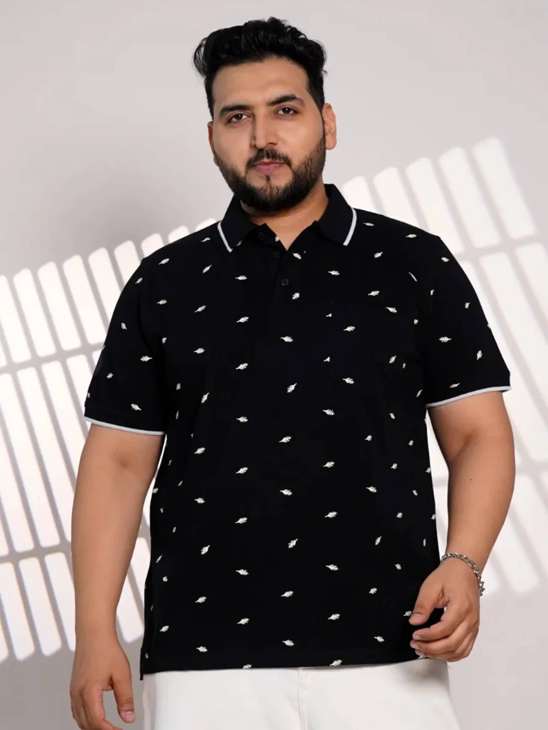 Plus Size Black Leaf Print Polo T-Shirt for Men