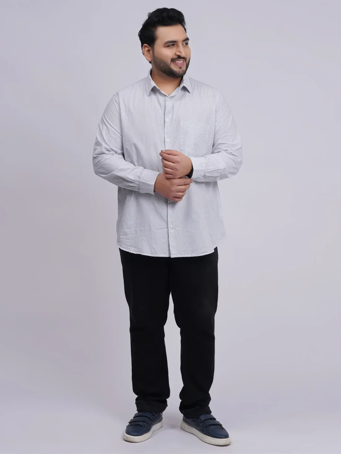 Plus Size White Pinstripe Full Sleeve Formal Shirt for Men