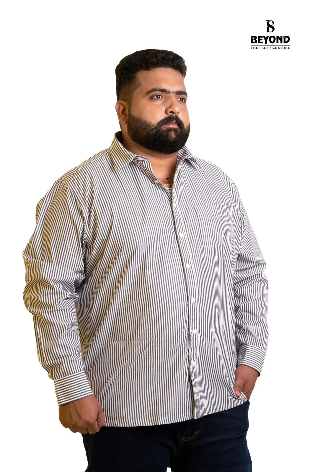 Classic Grey & White Vertical Stripe Shirt (2XL–8XL) alternate view