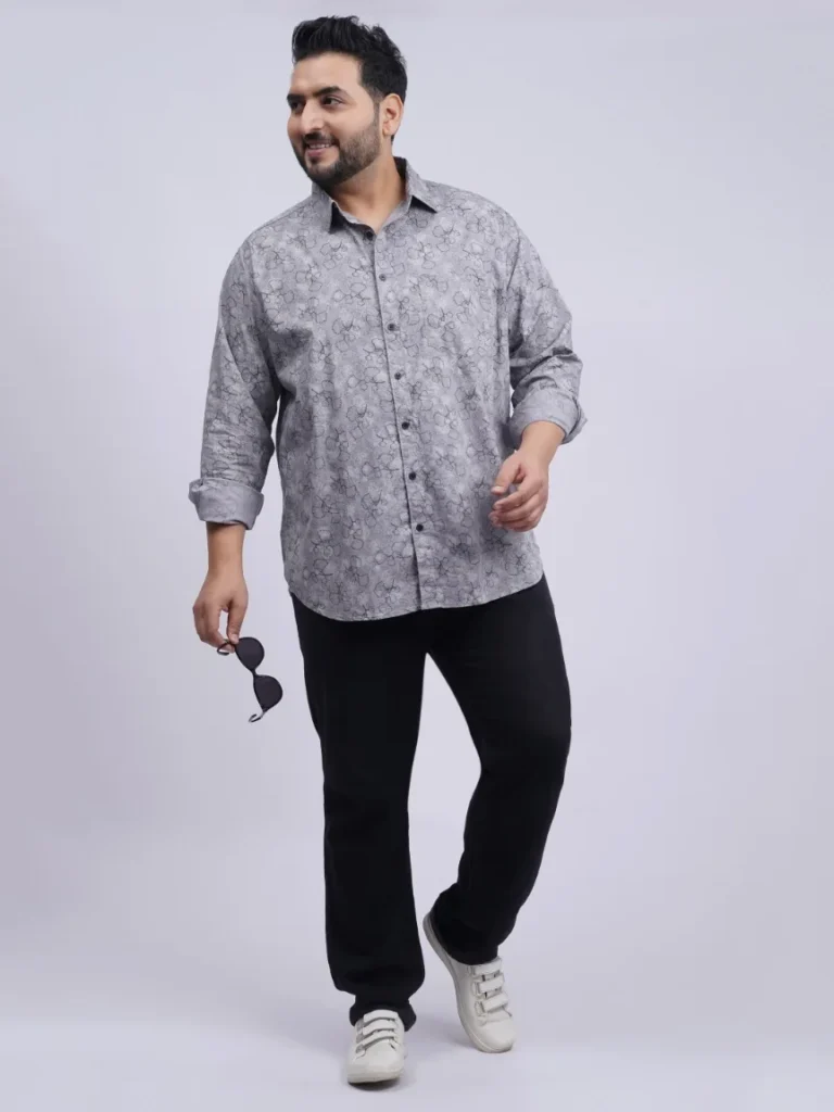 Grey Floral Printed Plus-Size Shirt for Men (3XL–8XL)