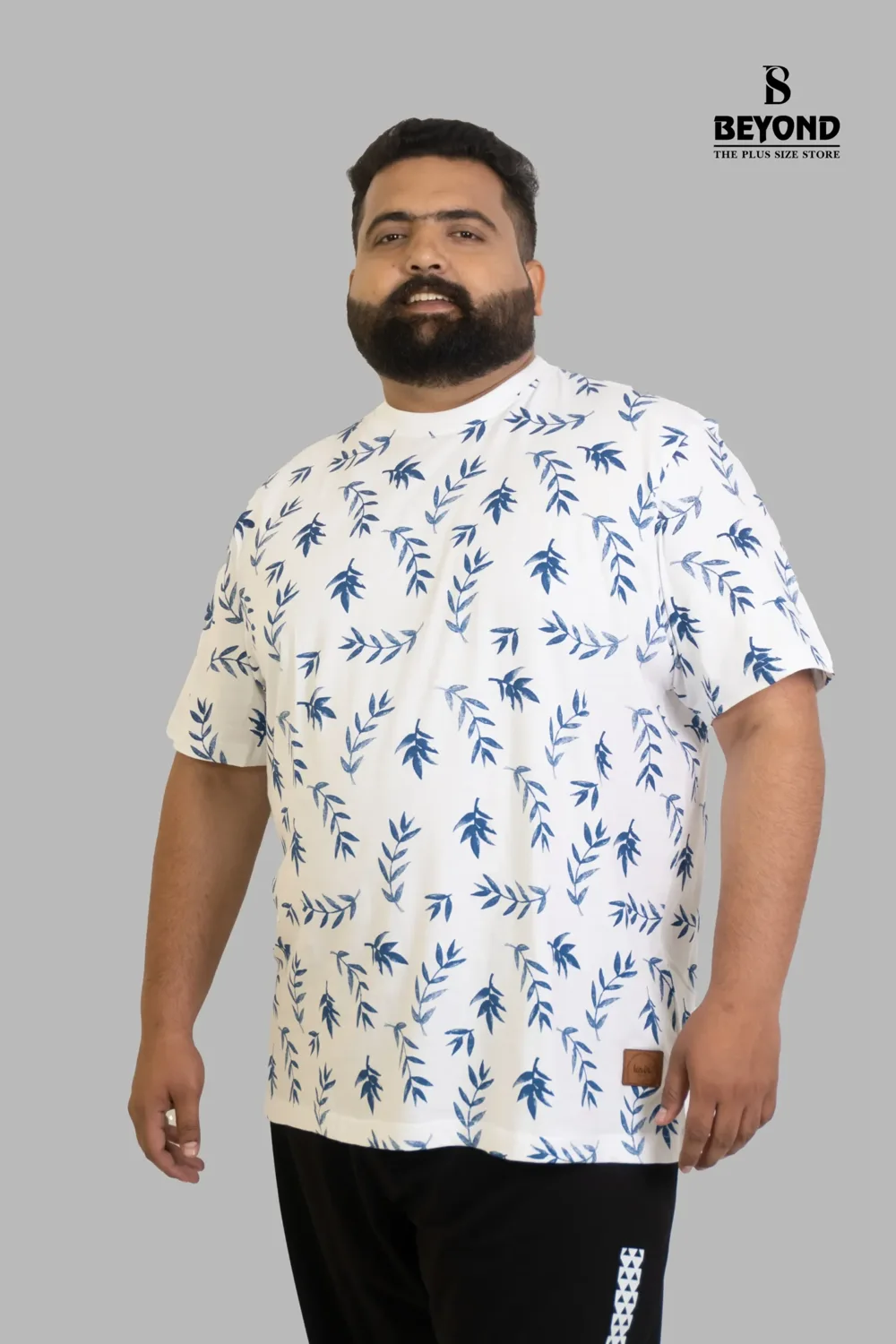 White Leaf Print Cotton T-Shirt – Effortless Comfort & Style for Plus-Size Men (2XL–8XL)