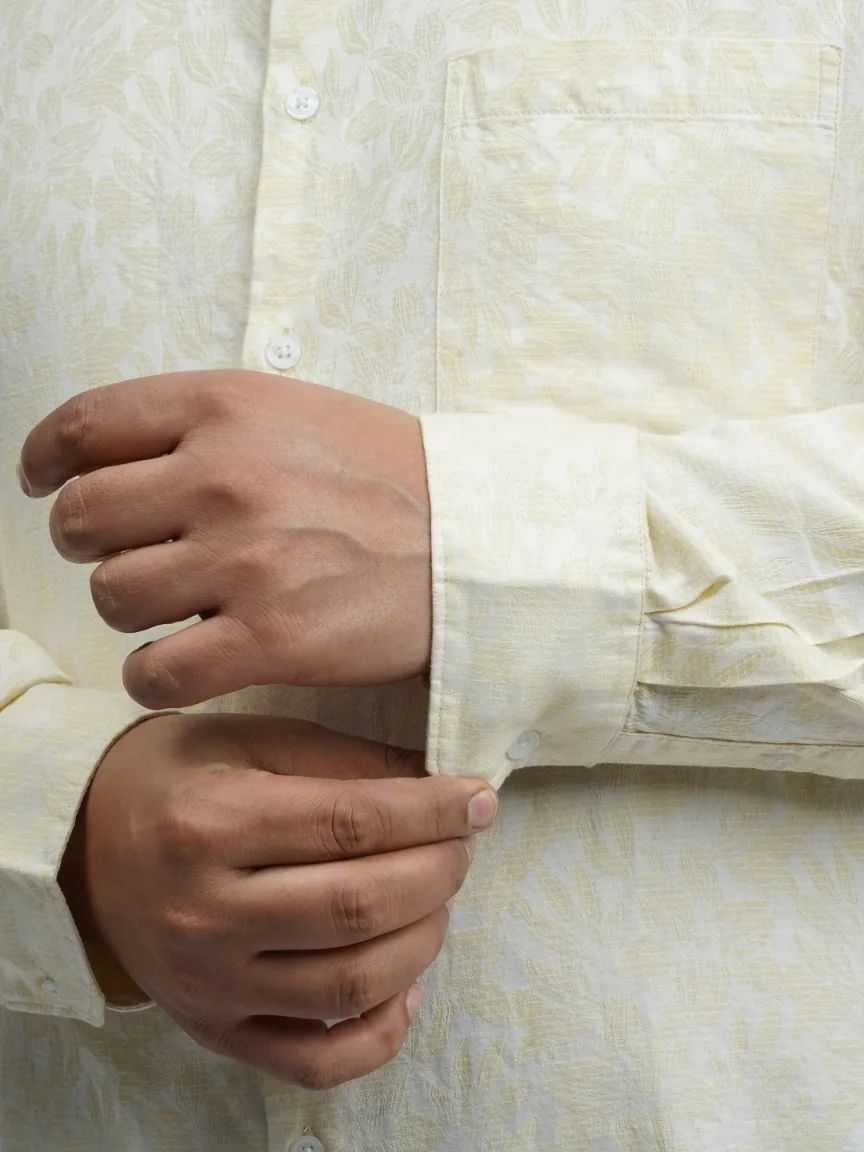 Soft Yellow Textured Leaf-Print Plus-Size Shirt for Men (3XL–4XL) alternate view