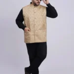 Plus Size Premium Beige Gold Jacquard Ethnic Waistcoat for Men