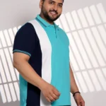 Plus Size Aqua Blue Color Block Polo T-Shirt for Men