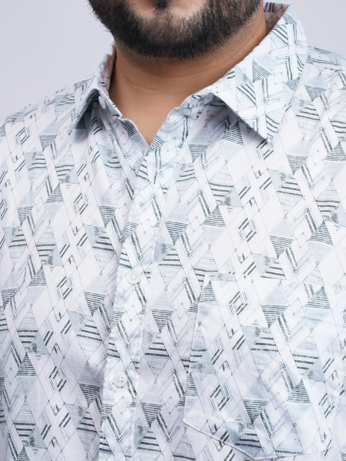 White & Grey Abstract Geometric Printed Plus-Size Shirt for Men (3XL–8XL) alternate view