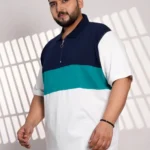 Plus Size Navy Blue & Teal Color Block Zip Polo T-Shirt for Men