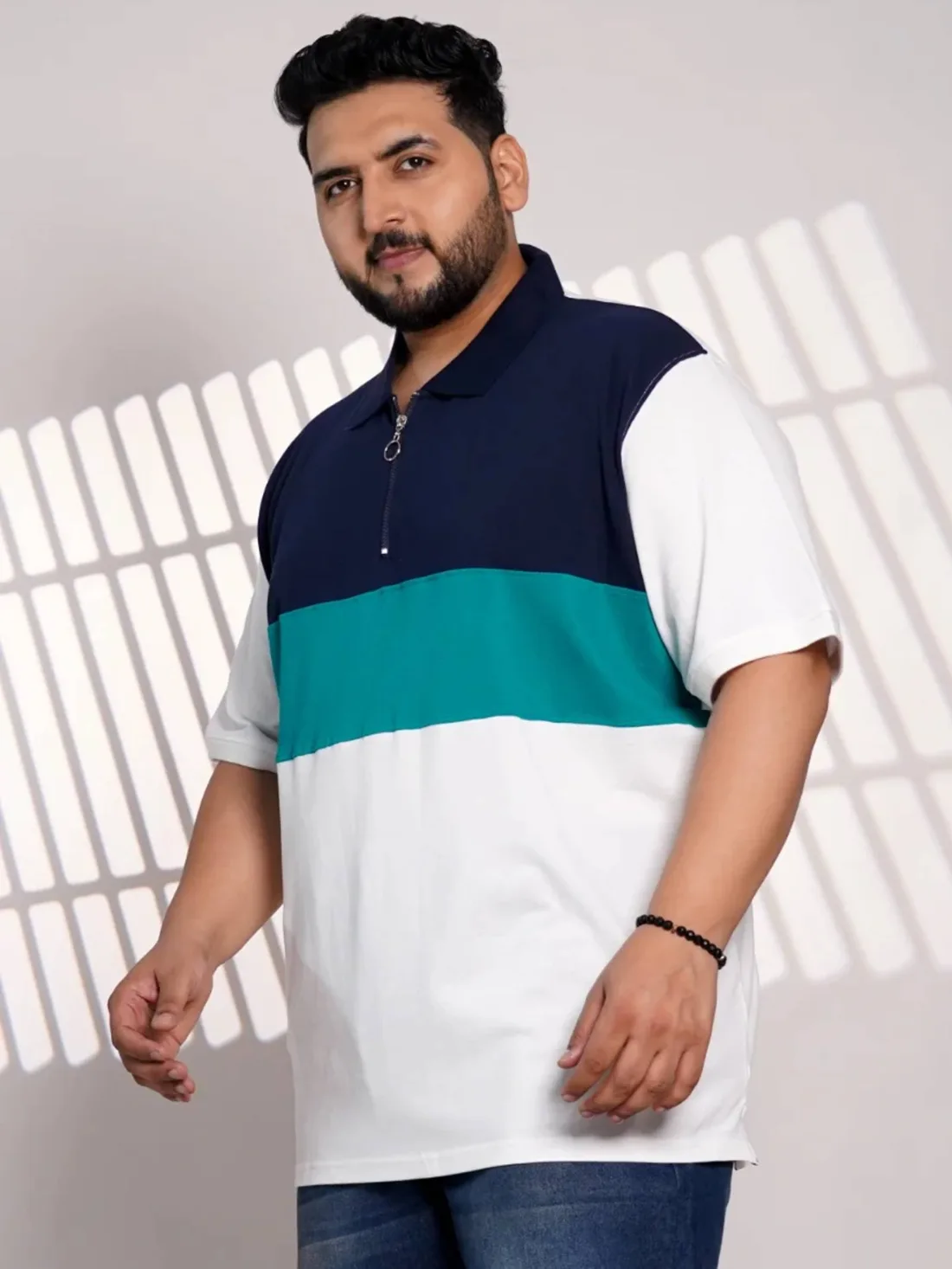 Plus Size Navy Blue & Teal Color Block Zip Polo T-Shirt for Men
